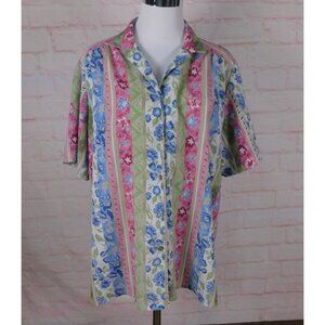 TanJay Womens Floral & Stripe Button-Up Short Sleeve Shirt Size XL Multicolor